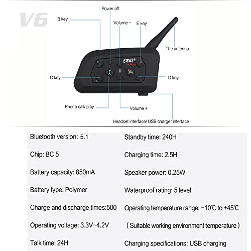 EJEAS V6 Pro 1200M Auriculares Intercomunicador Inalambrico Bluetooth para Motocicletas. Casco Comunicador de Moto, Impermeabilidad, hasta 6 Jinetes (1 Paquete)