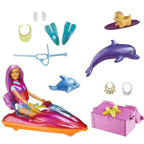 Barbie Dreamtopia Muñeca con moto de agua, mascotas y accesorios acuáticos de juguete (Mattel HBW90)