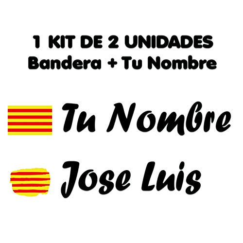 Pegatina Vinilo Bandera Cataluña + tu Nombre - Bici, Casco, Pala De Padel, Tablas Skate, Coche, Moto, etc. Kit de Dos Vinilos (Pack Fuentes 1)