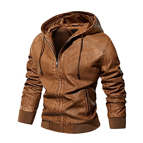 KAGAYD - Cazadora para hombre, piel sintética, diseño de otoño y motero, chaqueta de moto, abrigo de moto, barato, con capucha, forro cálido, chaqueta para moto, invierno, chaqueta de piel para