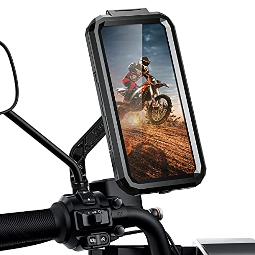 ENONEO Soporte Movil Moto Impermeable 360° Rotación Soporte Telefono Motocicleta Funda Soporte Smartphone Moto Retrovisor para Telefono (Negro, L)
